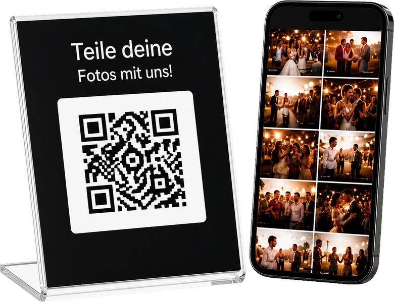 QR-Code Schild und Smartphone mit Event-Galerie